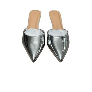 Women's Silver Pointed Toe Mules Kitten Heel Metallic Slip‎ On Shoes Size 7.5